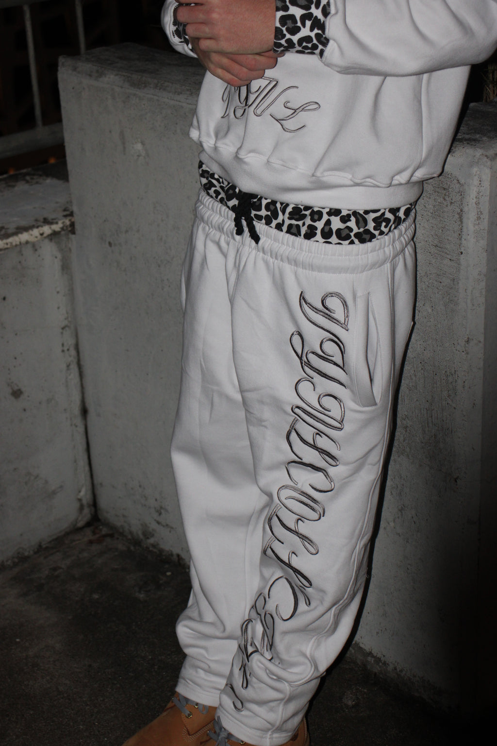 VYNL COLLECTIVE- WHITE DOUBLE WAISTED TRACKPANTS